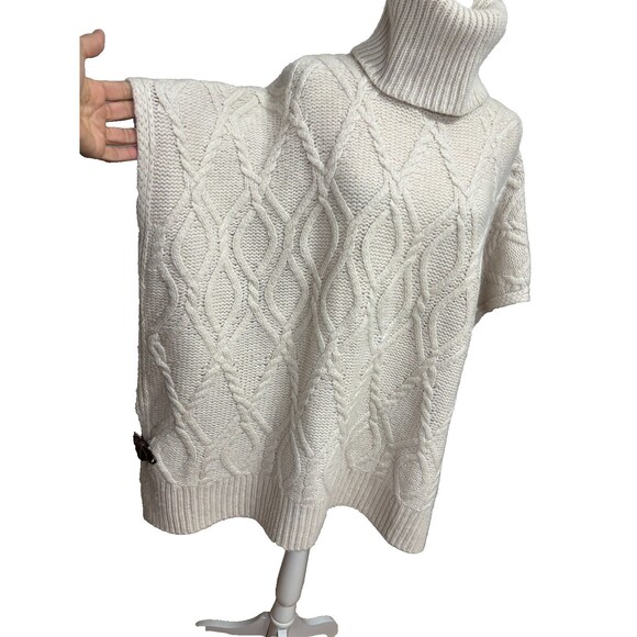 Max Studio Sweater Poncho Womens M Cream Lambs Wool Chunky Cable Knit Oversized - Picture 2 of 10